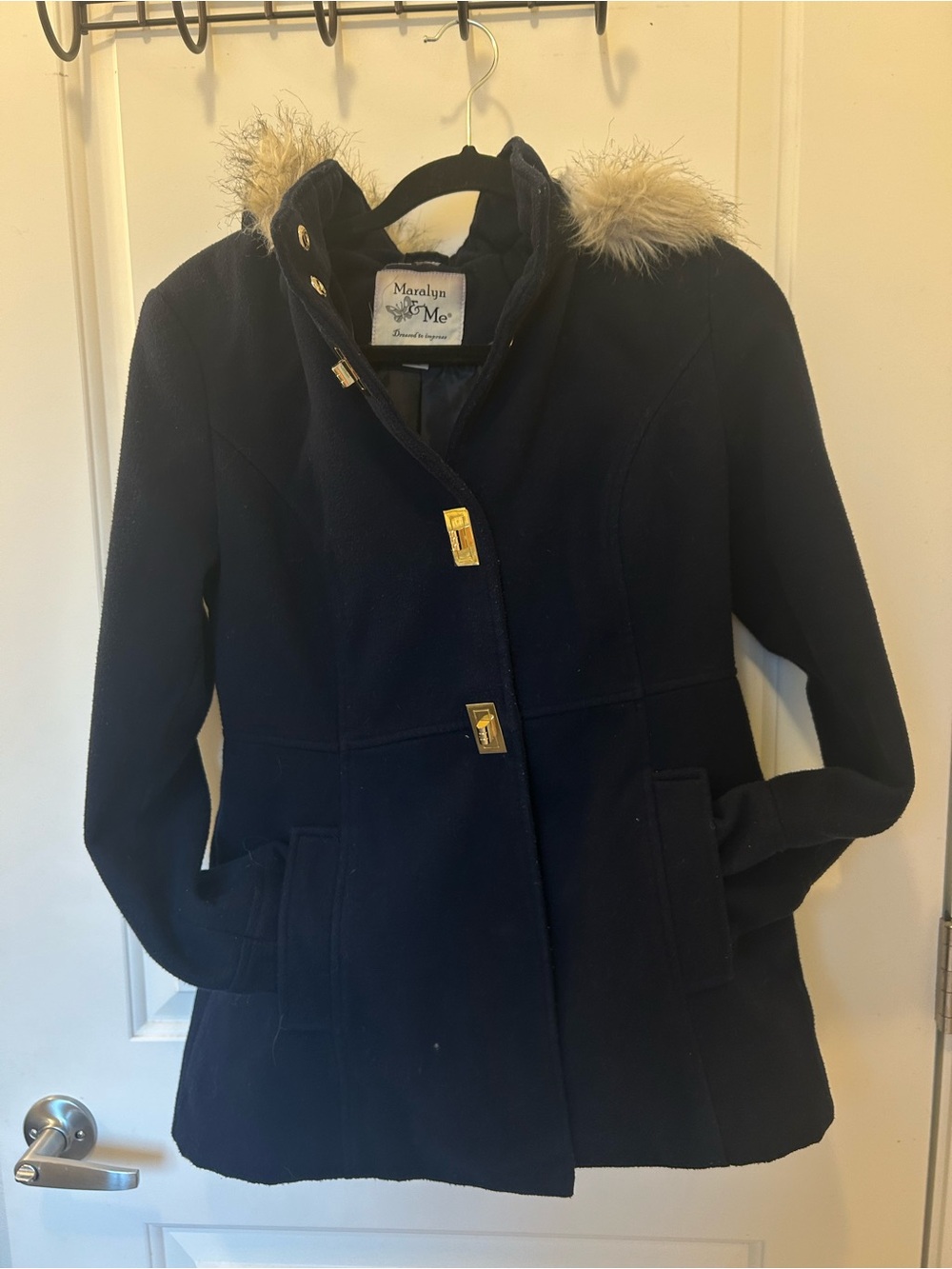Maralyn & Me Navy Wool-Blend Hooded Pea Coat with Faux Fur Trim